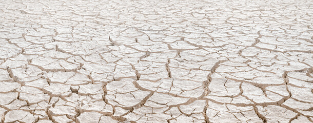 Cracked white clay on dried lakebed, natural pattern with diminishing perspective
