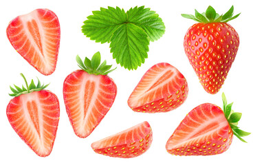 Isolated strawberries. Collection of fresh strawberry fruits whole and cut into pieces with stem...