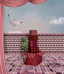 Surreal stage with boxes and a pink flamingo on the balcony sill