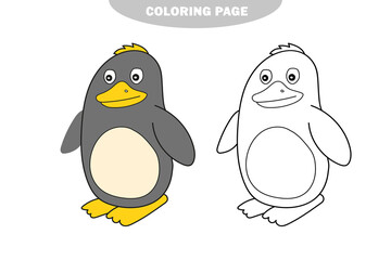 Simple coloring page. Vector illustration of Penguin cartoon - Coloring book for kids. Color and black and white version