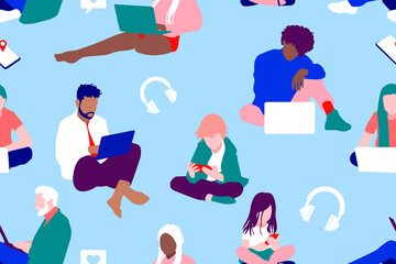 Young people use laptops and smartphones. Pattern design