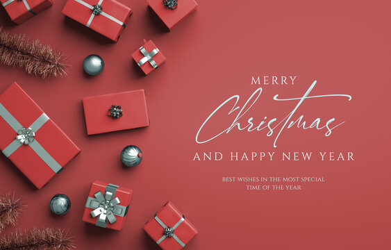 Merry Christmas modern background with red gifts, balls and text for greeting card. Xmas and happy new year type for flat lay banner design in 3D illustration