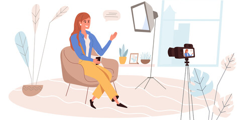 Blogging people concept in modern flat design. Woman blogger sitting in studio and recording video. Live streaming, content creation, social network person scene. Vector illustration for web banner