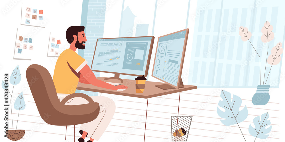 Poster programmer working people concept in modern flat design. man developer work in office, creates softw