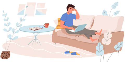 Working at home people concept in modern flat design. Man remotely works on laptop while sitting on sofa at living room. Freelancer doing tasks online, person scene. Vector illustration for web banner