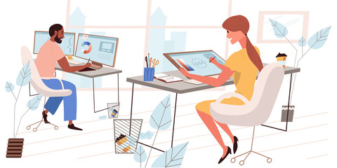 Design company people concept in modern flat design. Designers team create logos and work with colors, drawing with graphic tablets and computers, person scene. Vector illustration for web banner