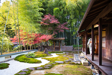 日本庭園と着物女性
