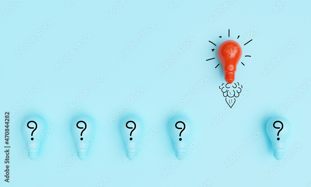 Fototapete red lightbulb mo out of line with blue lamp to with question mark for creative thinking idea and pro