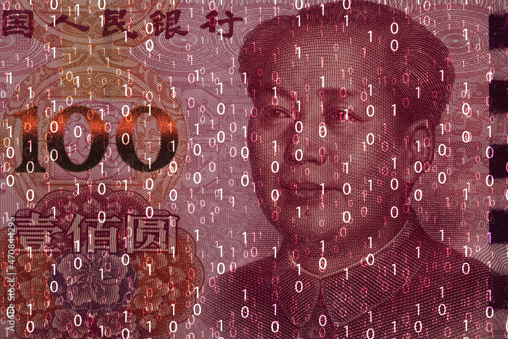 Poster china yuan banknote with binary number for digital banking technology transformation and crypto curr