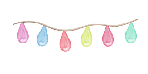 Watercolor illustration hand painted colorful decorative toy in abstract shape on garland, fir tree balls for birthday, Christmas, New Year. Isolated clip art for design postcard, packaging paper