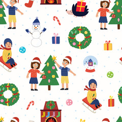 Kids decorating Christmas tree seamless pattern. Winter background with girl and boy. Xmas holiday print with children. Vector illustration
