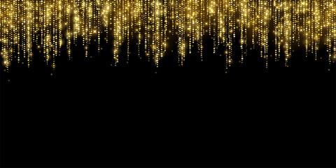 Wide gold glitter holiday decoration garland on black background. Vector