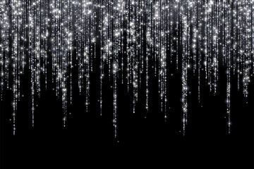 Silver holiday decoration long glitter garland on black background. Vector - obrazy, fototapety, plakaty