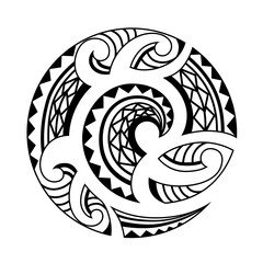 Maori tattoo style swirl round circle ornament. Fish hook. Bone matau. Hei matau.