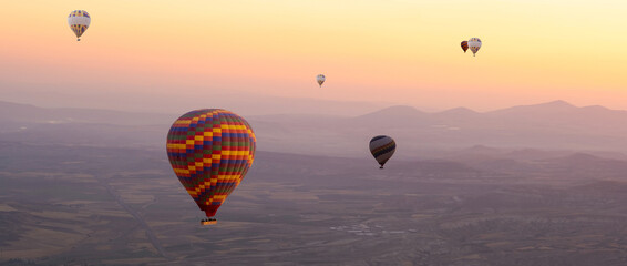Panoramic view of hot air balloon festival in Cappadocia, Turkey