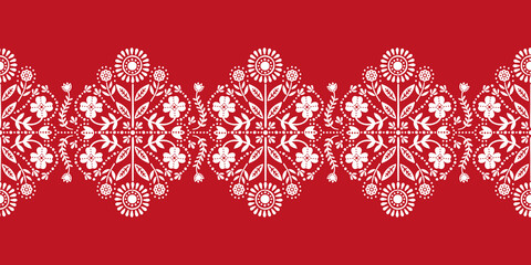 Scandinavian folk art christmas stamp pattern border seamless vector. Floral Nordic style ornament decoration. Norwegian embroidery design for season party invitation, new year sale banner. - 470846220