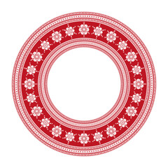 Scandinavian folk art Christmas stamp pattern circle frame vector. Snowflake Nordic style sweater ornament border. Vintage design for winter party invitation, holiday card, season decoration.