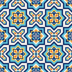 Portuguese tile pattern vector seamless with mosaic ornaments. Moroccan ceramic, portugal azulejo, mexican talavera, italian sicily majolica, spanish, islamic arabesque, mediterranean texture design. - 470846224