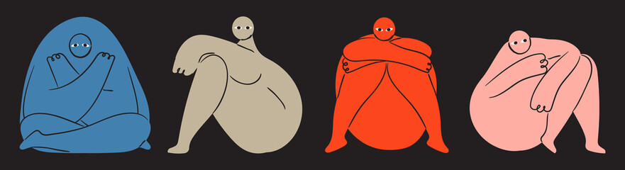 Strange creatures vector set in boho, geometric style. Characters are likley woman, that sit, sad, angry, calm, be scaried