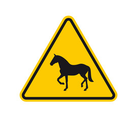 Vector yellow triangle sign - black silhouette horse. Isolated on white background.