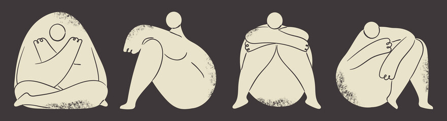 Strange creatures vector set in boho, geometric style. Characters are likley woman, that sit, sad, angry, calm, be scaried