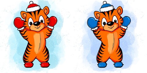 Two cute tigers with big eyes in Santa Claus cap, mittens and boots on blue background. Christmas illustration for designers, book publishers, for printing on T-shirts, fabrics, phone covers, postcard