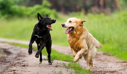 Golden retriever dog and black shepherd running together with mouths opened outdoors in sunny day....