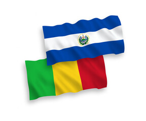 National vector fabric wave flags of Republic of El Salvador and Mali isolated on white background. 1 to 2 proportion.