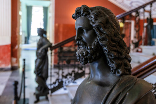 Gastouri, Greece - June 16, 2021: Statues of Zeus and Hera in Achilleion palace built for Elisabeth of Austria - Sisi, Corfu Island