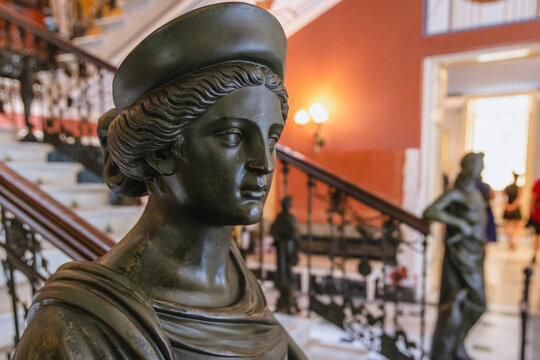 Gastouri, Greece - June 16, 2021: Statue of Hera on a staircase in Achilleion palace built for Elisabeth of Austria - Sisi, Corfu Island