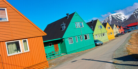 Street Scene, Traditional Colorful Houses, Longyearbyen, Arctic, Spitsbergen, Svalbard, Norway,...