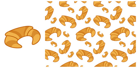 Set. Croissant isolated and seamless pattern with croissants on a white background. Dissert, Confectionery. Flour products. Background, texture.
Design for paper, cover, fabric, interior decor and oth
