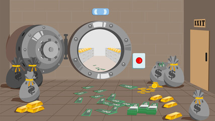 The bank vault is inside. Vector image of a cartoon bank vault with an open door to a safe and an interior inside the room. Bags of money are lying on the floor, and bills and gold bars are lying 