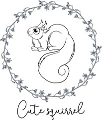 Outline cartoon illustration of a squirrel. Black and white drawing. Squirrel.