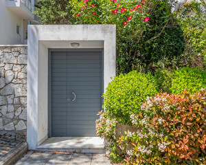Fototapeta na wymiar contemporary house front entrance grey door with wild rose plant and foliage, Athens Greece