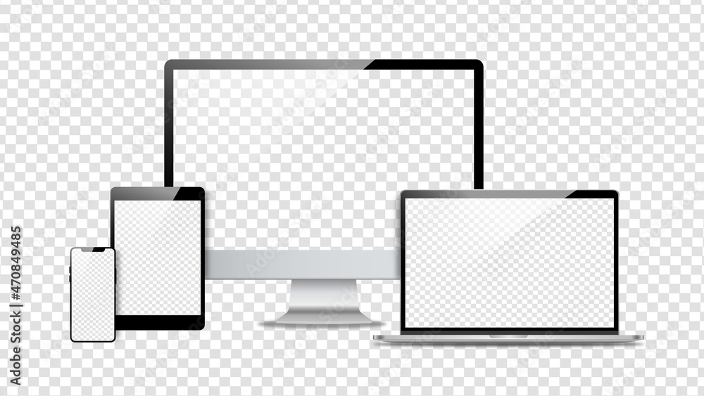 Poster device screen set - laptop smartphone tablet computer monitor. realistic models smartphone with tran