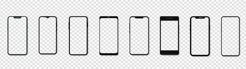 Device screen - Phone, mobile. Realistic models smartphone with transparent screens. Smartphone mockup collection. 3D mobile phone with shadow on transparent background