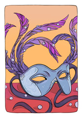 Illustration for new year and christmas. Carnival blue mask with purple feathers and beads