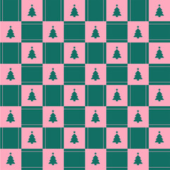 Cute Christmas Tree Element Green Pink Line Check Checked Checkered Gingham Pattern Editable Stroke. Cartoon Illustration, Mat, Fabric, Textile, Scarf, Wrapping Paper. 