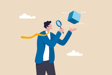 Business case study or marketing research, analyze product prototype or competitor, learning or search for strong and weakness concept, smart businessman use magnifying glass to analyze floating cube.