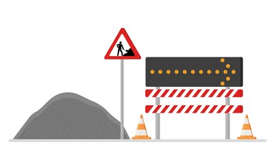 Road works, repairs. Installed fences, a detour direction indicator. Warning road signs. Vector.