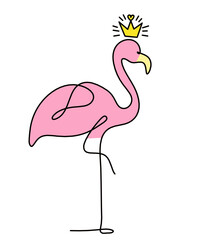 Silhouette of color abstract flamingo as line drawing on white. Vector