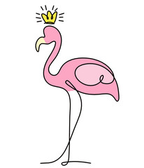 Silhouette of color abstract flamingo as line drawing on white. Vector