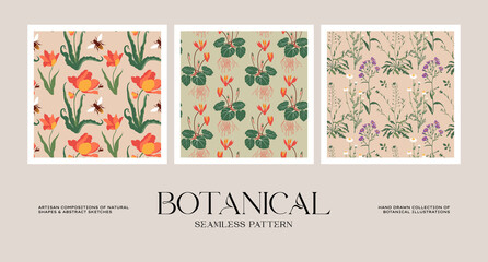 Botanical seamless pattern collection. Floral natural illustrations