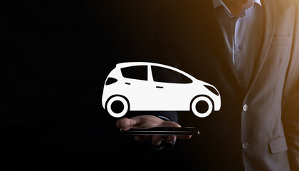 Digital composite of Man holding car icon.Car automobile insurance and car services concept....