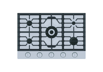 Stove top view with black steel grate. Kitchen burner off hobs.