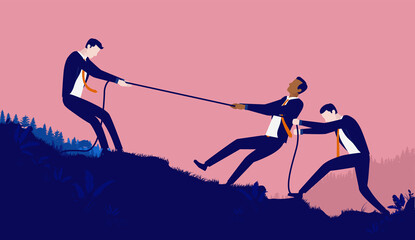 Unfair business competition - Two men against one pulling rope in tug of war. Vector illustration - obrazy, fototapety, plakaty