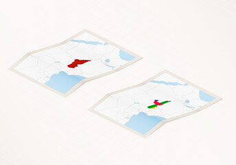 Two versions of a folded map of Central African Republic with the flag of the country of Central African Republic and with the red color highlighted.