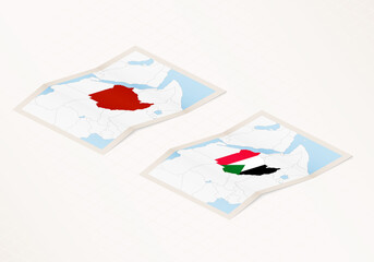 Two versions of a folded map of Sudan with the flag of the country of Sudan and with the red color highlighted.