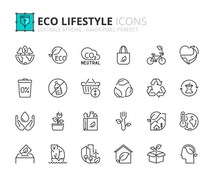 Simple set of outline icons about eco lifestyle. Ecology concept.